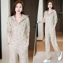 セットアップ レディース カジュアル スポーツ スウェット フーディ ロングパンツ 長袖 ランニングウェア 若見え 上品 おしゃれ プリント柄 春秋 2点セット