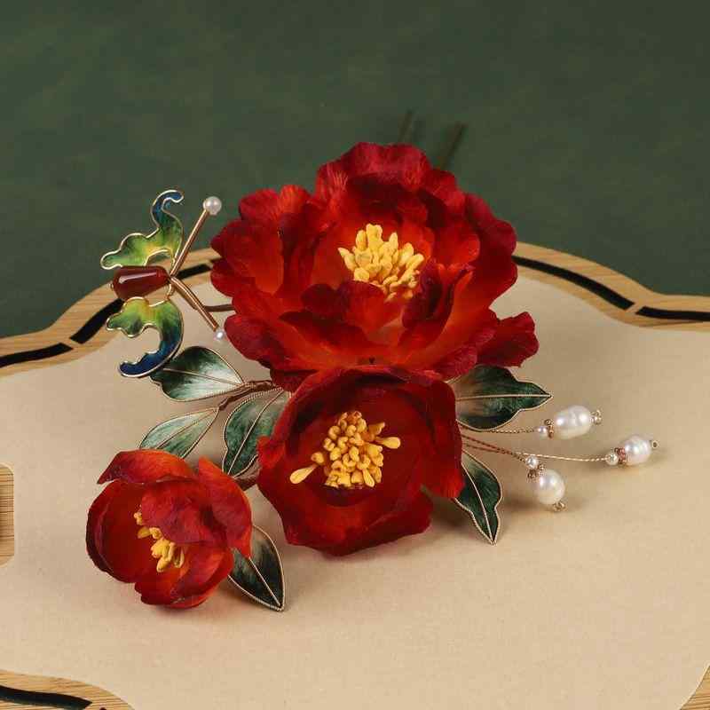 簪 レディース 牡丹 絨花 フィリグリー 四本歯 ヘアコーム 中国風 漢服スタイル 髪飾り 華やか 優雅 古典