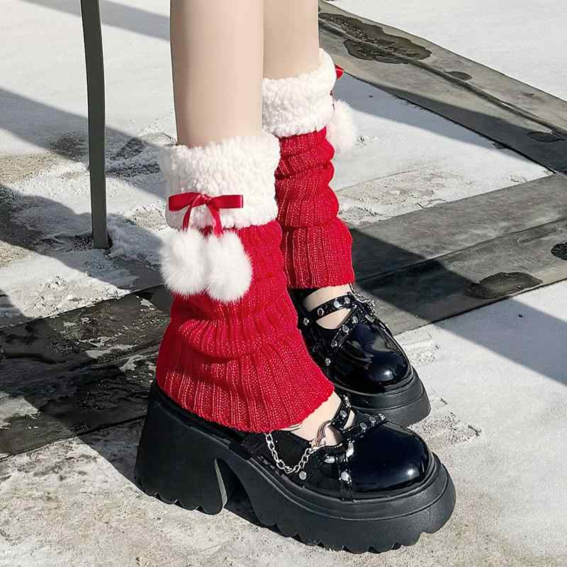 レッグウォーマー レディース 女性用 赤 クリスマス 新年 秋冬 ニット ソックス ルーズソックス ミドル丈 かわいい ポンポン あたたかい 防寒 ロリータ風 ...