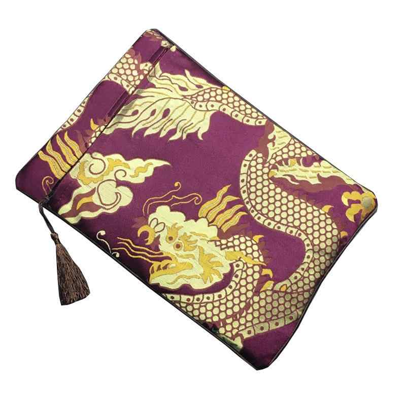 経本 数珠入れ 袋 バッグ ポーチ 収納 錦織 蓮花 ドラゴン 模様 ファスナー 刺繍 スクエア 写経 仏教 ..