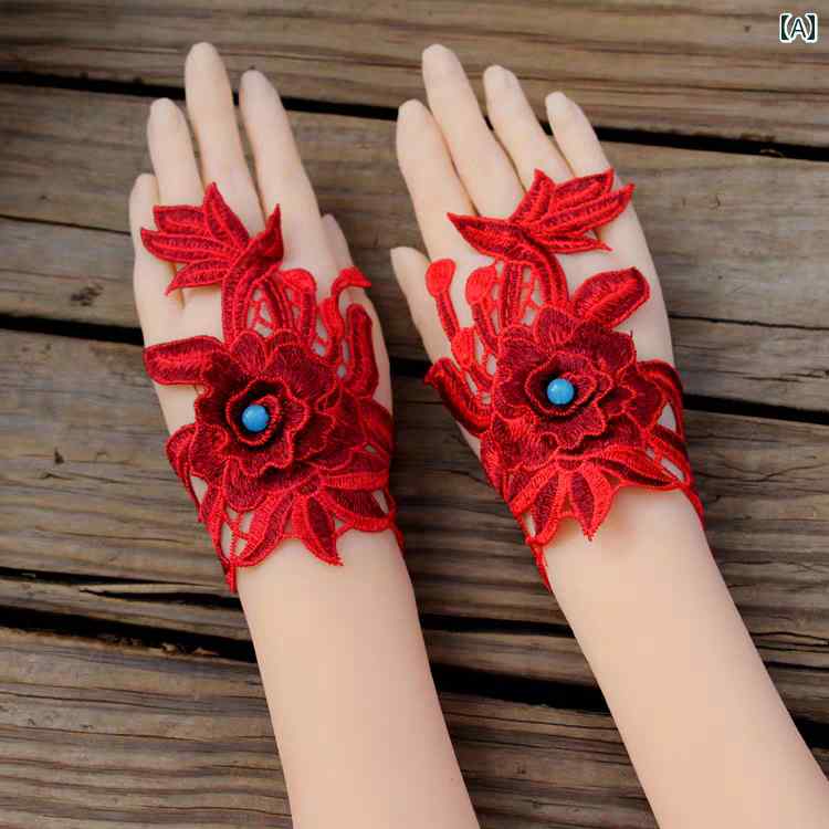 手袋 レディース 女性用 指なし 半指グローブ レース 刺繍 民族風 薄手 UVカット 日焼け防止 日焼け対..