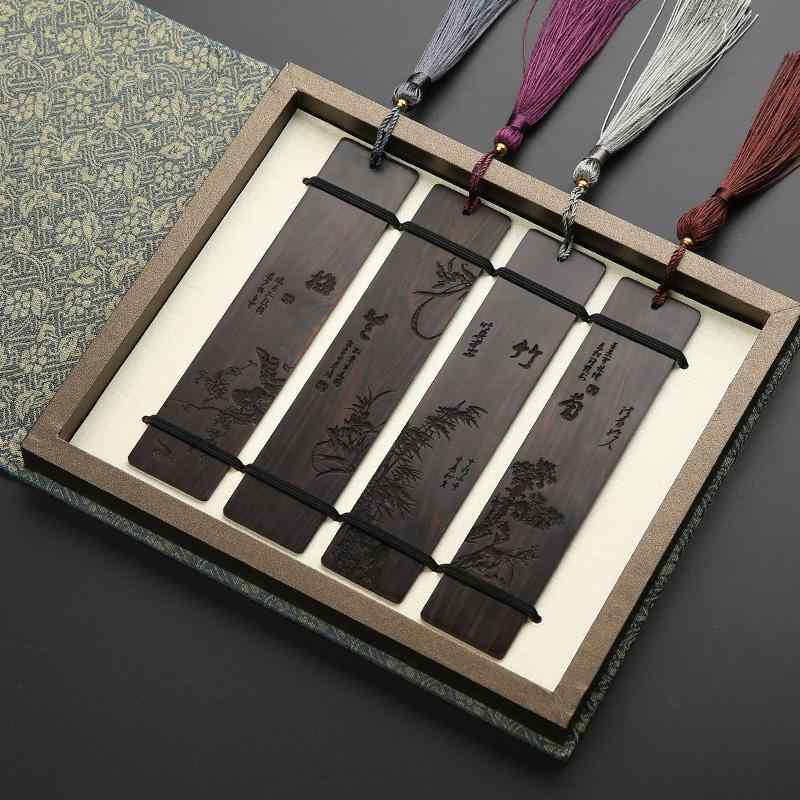 しおり 木 紫光檀 梅蘭竹菊 四君子 古風 アンティーク調 チャイナ風 オリエンタル 上品 誕生日 贈り物 ギフト 記念品 先生 文具 タッセル おしゃれ