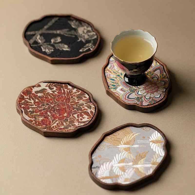茶道具 蓋置 おしゃれ コースター 中国風 禅 和モダン ウォールナット 無垢材 木材 布製 ファブリック ..
