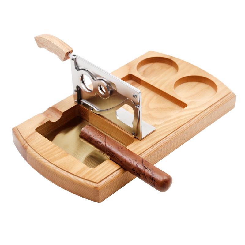 葉巻 灰皿 おしゃれ 一体型 シガーカッター ホルダー 卓上 書斎 リビング オーク ステンレス 無垢材 木..