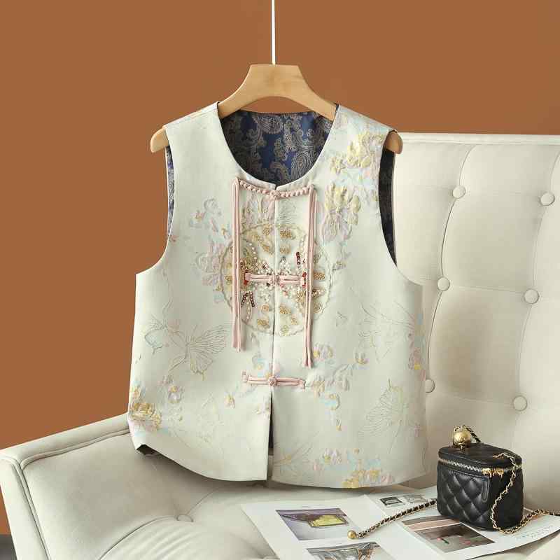 ベスト レディース ママ ミセス 新チャイナ風 刺繡 花柄 ジャガード織り サテン チャイナボタン ラウンドネック ショート丈 秋 エレガント お出かけ 普段使い ピンク系 淡いグリーン オフホワイト ブラック(4.0)