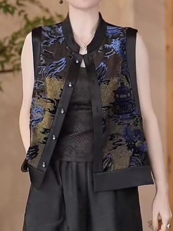 ベスト ジレ レディース 女性用 レトロ アンティーク 凝った刺繍 重厚感 ボタニカル柄 薄手 ラウンドネック 丸首 レギュラー丈 シングルボタン 前開き 通勤 オフィス 普段使い 着回し 秋 黒金