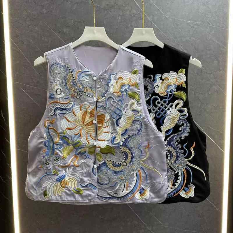 ベスト レディース ジレ トップス チャイナ風 モダン オリエンタル アジアンテイスト 豪華刺繍 花柄 コットン 中綿 シングルボタン 前開き 通勤 普段使い 保温性 秋冬 黒 淡い紫