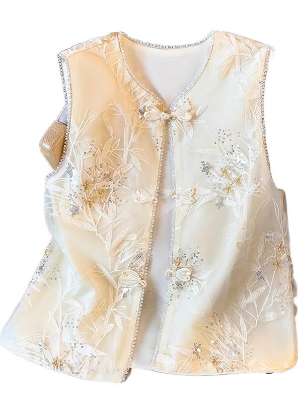 ベスト レディース ジレ チャイナ風 エレガント 上品 薄手 ポリエステル ラウンドネック 通勤 重厚刺繍 ビーズ装飾 チャイナボタン シングルブレスト トップス 春夏(4.0)