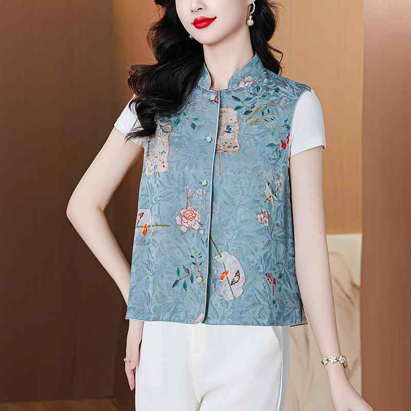ベスト レディース 普段使い レトロ 刺繍 チャイナボタン ショート丈 薄手 花柄 ノースリーブ 春夏秋 羽織り 着回し カジュアルスタイル 前開き