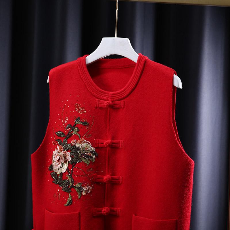 ベスト レディース レトロ 刺繡 花柄 ニット 中華風 スタンドカラー 前開き 重ね着 通勤 オフィス カジュアル エレガント 上品 体型カバー 秋冬