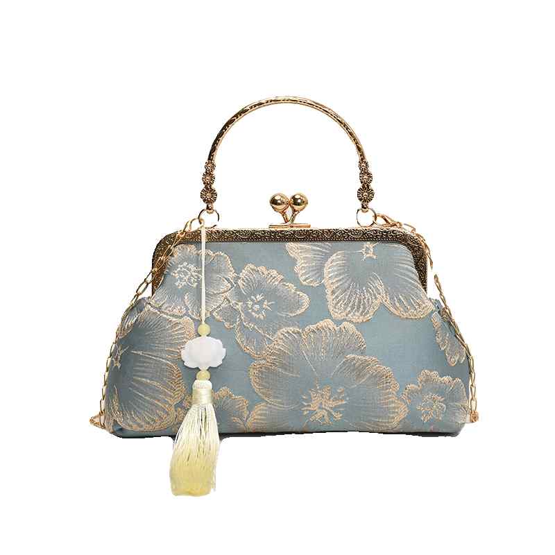 バッグ レディース 鞄 中国風 中華風 手刺繍 漢服 チャイナドレス柄 レトロ クラシック タッセル フリンジ 絹 ポリエステル ハンドバッグ ショルダーバッグ 斜め掛け スクエア 横長 ロック カジュアル 普段使い ブルー ホワイト グリーン