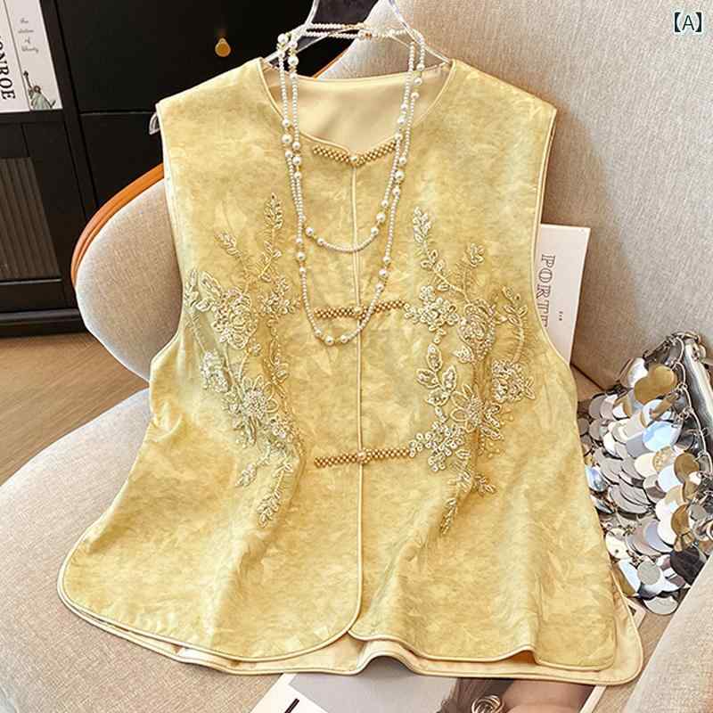 ベスト レディース 新チャイナスタイル レトロ 重厚刺繡 ノースリーブ Vネック チャイナボタン ポリエステル ジレ 春夏 サマー お出かけ カジュアル パープル ゴールド ピンク