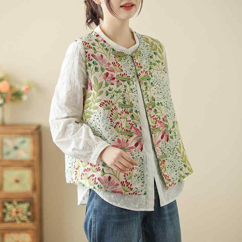 ベスト レディース チャイナ風 刺繡 ジャカード 花柄 丸首 レトロ 性 レイヤード 重ね着 羽織り ジレ 通勤 普段使い 春 上品 エレガント
