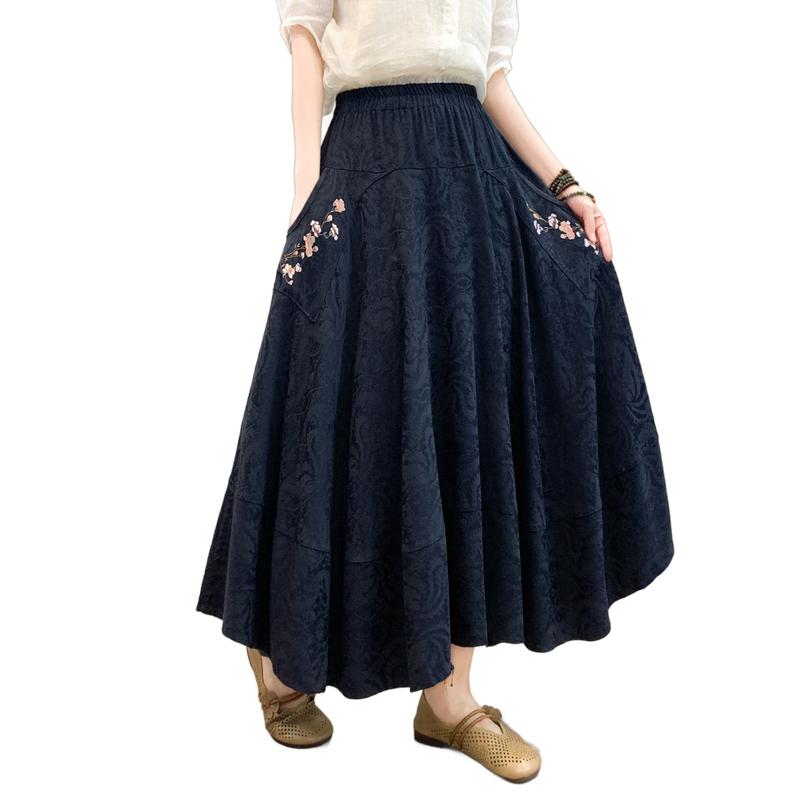 乐天商城 - スカート レディース 春秋 エスニック風 綿麻 ジャカード 刺繡 花柄 ゴムウエスト 細見え ゆったり Aライン ハイウエスト ミモレ丈 通勤 普段使い ネイビー ブラック