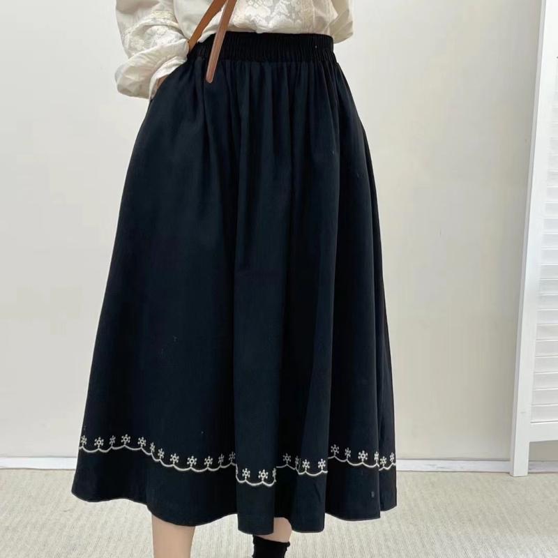 乐天商城 - スカート レディース 女性用 日本風 森ガール系 刺繡 エスニック調 綿麻 コットンリネン レトロ クラシカル ミモレ丈 Aライン フレア 春夏