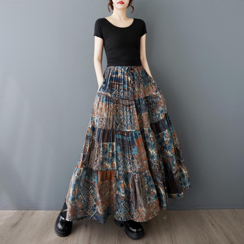 スカート 春夏 エレガント レトロ エスニック風 軽やか 抽象的な花柄 テンセル素材 フレア Aライン ロングスカート ミディ丈 通勤 オフ..