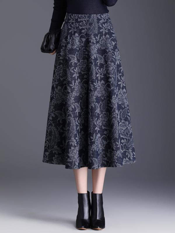 スカート レディース Aライン ロング丈 フレアスカート ハイウエスト ゴムウエスト プリント柄 体型カバー お腹カバー きれいめ 上品 通勤 オフィス 普段使い ポリエステル 微ストレッチ ママ ミセス 秋 ブルー(4)