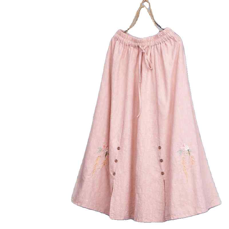 スカート レディース 綿麻 ハイウエスト レトロ アンティーク調 刺繍 体型カバー ゆったり ルーズ 民族風 エスニック Aライン フレア ミモレ丈 春夏 普段使い カジュアル 黒 黄 ピンク 水色