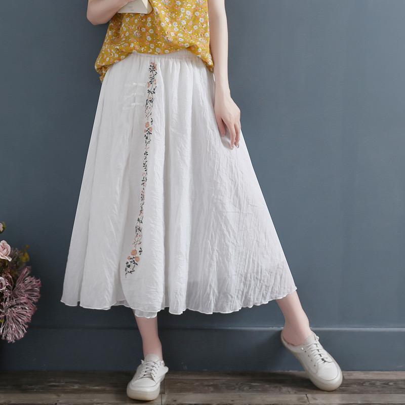 樂天商城 - スカート レディース 春夏 中国風 刺繡 花柄 フラワー 飾りボタン シフォン ロングスカート レトロ クラシック 文芸風 フリル ティアード ハイウエスト Aライン フレア 通勤 普段使い デイリーユース ピンク 黒 スカイブルー ネイビー 白