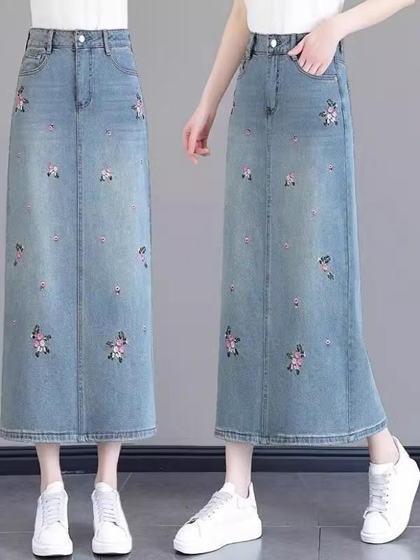 スカート レディース デニム ジーンズ チャイナ風 エスニック ハイウエスト Aライン ミディ丈 刺繍 花柄 薄手 涼しい 夏 カジュアル 普段使い お洒落 ブルー