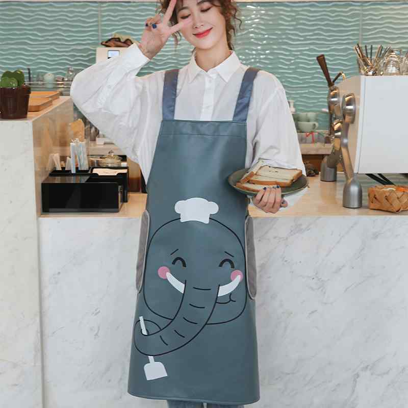 エプロン レディース 大人用 韓国 かわいい 防水 防油 PUレザー 合皮 キッチン用 料理用 普段使い 手拭き付き 首掛け H型 キャラクター柄 ピンク ブルー