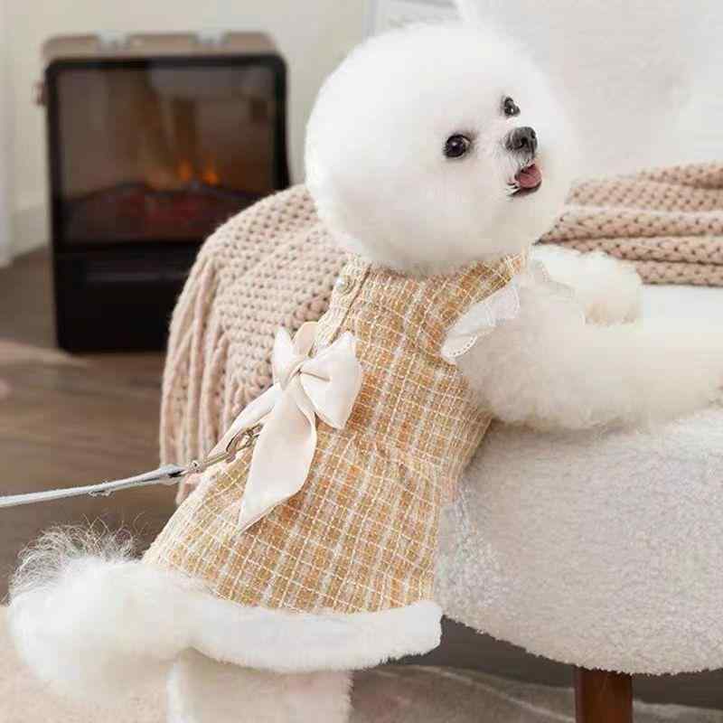 犬服 ドッグウェア 小型犬 子犬 ビションフリーゼ テディ プリンセス風 上品 エレガント 秋冬 防寒 保温 あったか 厚手 コットン 綿 ワンピース ドレス ワンピ かわいい おしゃれ 散歩 お出かけ 普段使い カーキ ブルー