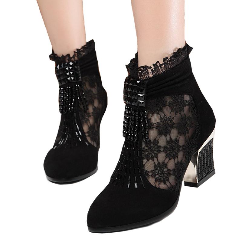 ブーツ レディース サマー 羊革 本革 ヌバック ショート丈 メッシュ レース 太ヒール ミドルヒール ラ..