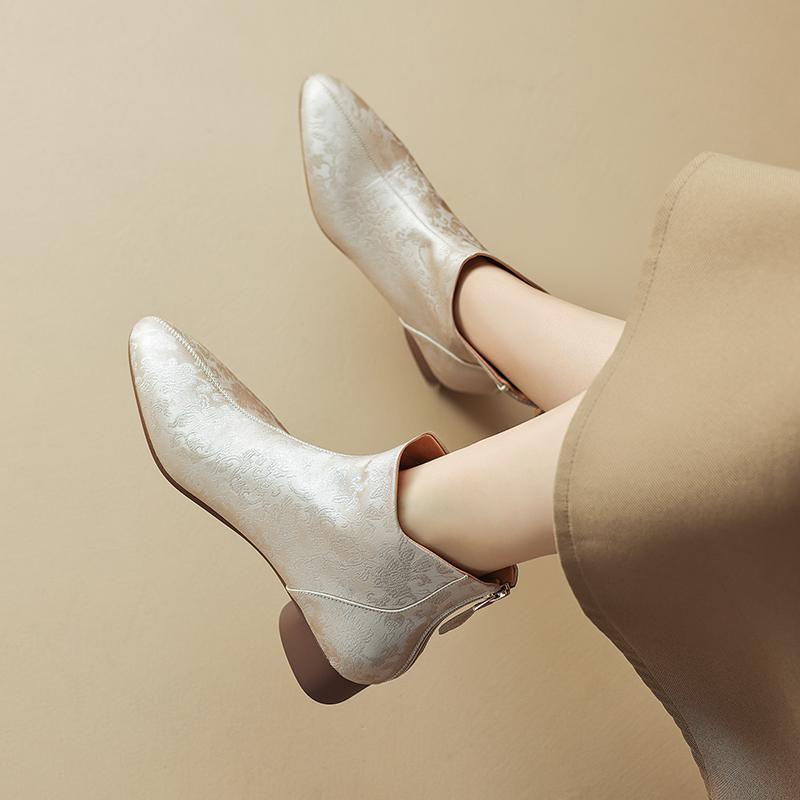 ショートブーツ レディース チャイナ風 エレガント ポインテッドトゥ ローヒール ミドルヒール チャン..