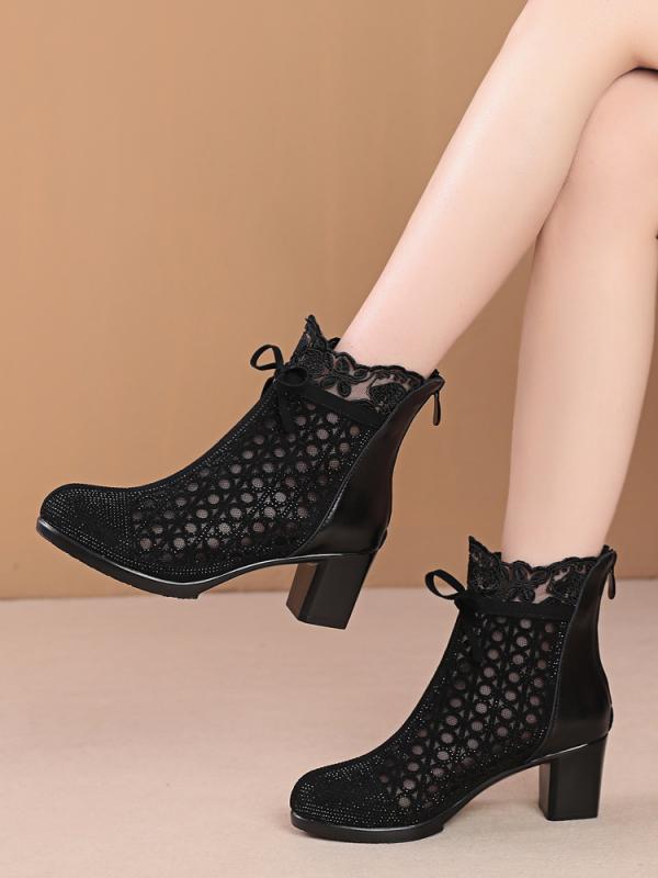 サンダルブーツ レディース 春夏 本革 メッシュ 透かし 通気性 太ヒール ミドルヒール ラインストーン ..