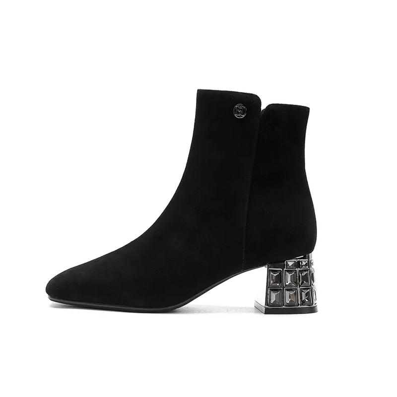 ショートブーツ レディース 冬 ミドルヒール 太ヒール チャンキーヒール スクエアトゥ ラインストーン ..