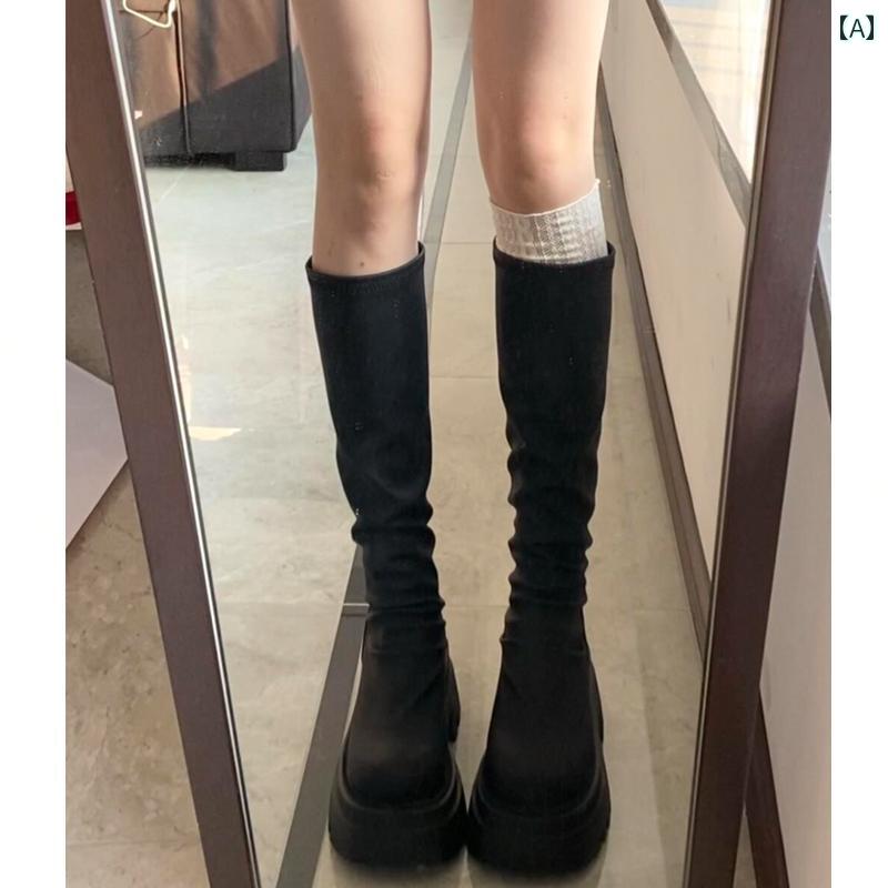 ブーツ レディース 女性用 ロング 低身長向け ストレッチ 子牛革 カーフスキン 本革 厚底 高ヒール ラウンドトゥ スウィート カジュアル 通勤 普段使い