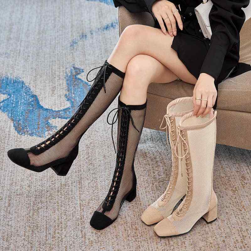 サンダルブーツ レディース 女性用 膝丈 春夏 薄手 シースルー メッシュ スクエアトゥ ハイヒール チャ..