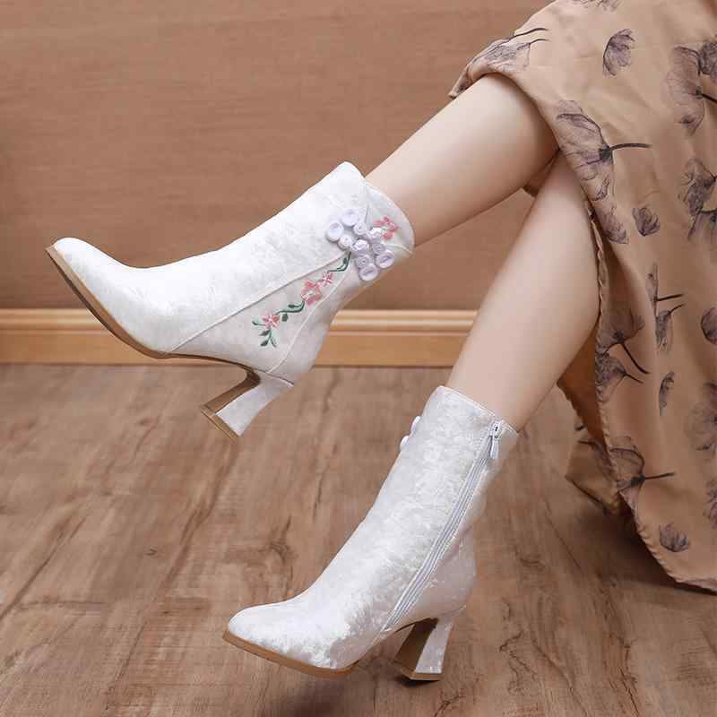ブーツ レディース 民族風 刺しゅう ミドル丈ブーツ ローヒール 太ヒール 花柄 裏起毛 防寒 スエード調..