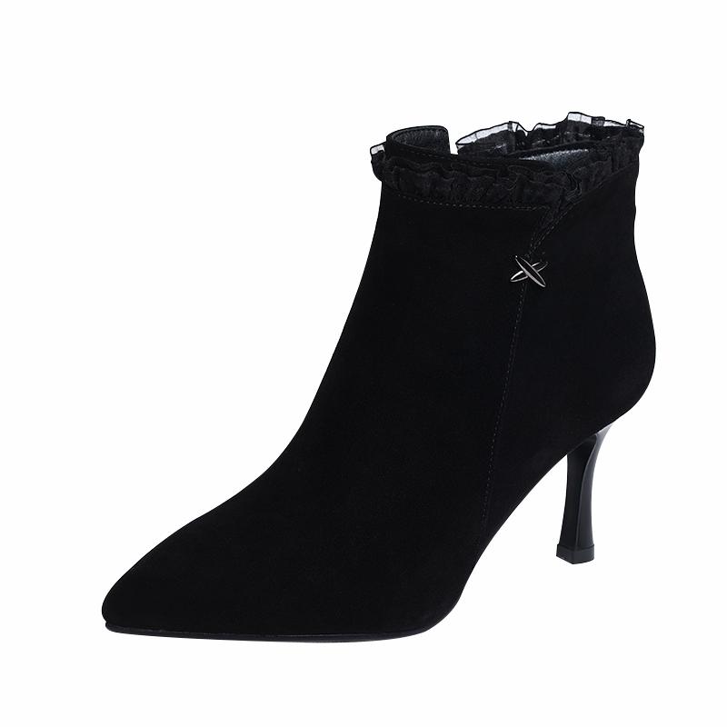 ショートブーツ レディース 秋冬 ポインテッドトゥ ピンヒール 本革 スエード サイドジップ ブラック 保温 暖かい エレガント 上品