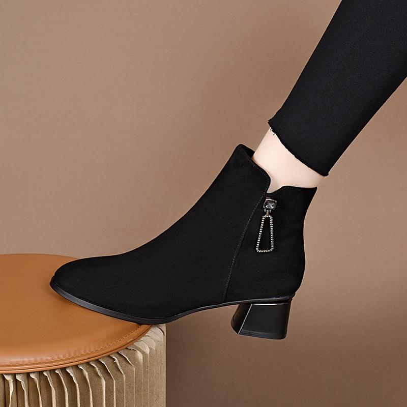 ショートブーツ レディース 本革 リアルレザー 羊革 スエード 柔らかい 太ヒール ミドルヒール ラウンドトゥ 裏起毛 カジュアル 日常使い 秋冬