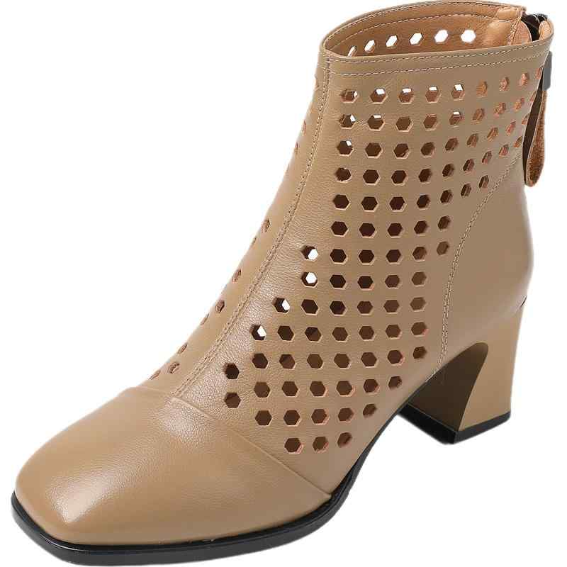 サンダルブーツ レディース 本革 スクエアトゥ ショート丈 チャンキーヒール くり抜き 切り替え バックジッパー 薄手 カジュアル 春夏 ブラック ベージュ