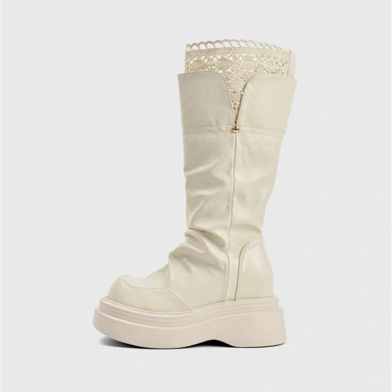 ブーツ レディース フレンチスタイル 厚底 レース ニーハイ ルーズフィット 美脚効果 白 マイクロファイバー ラウンドトゥ プラットフォーム 高ヒール 身長アップ 切り替え 秋冬