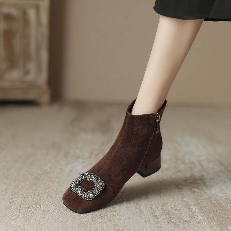 ブーツ レディース 秋冬 ラインストーン ストレッチ スエード スリム ショートブーツ アンクルブーツ ..
