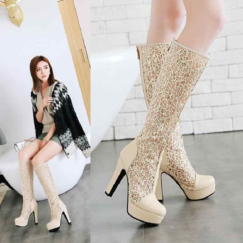 ブーツ レディース 春夏 メッシュ 花柄 レース シースルー 太ヒール チャンキーヒール 超ハイヒール ラ..