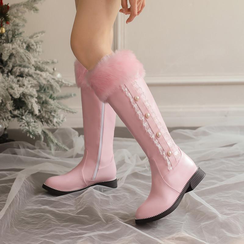 ブーツ レディース かわいい レース スクール風 ロングブーツ ニーハイブーツ ローヒール 太ヒール ラウンドトゥ 滑り止め 防滑 小さいサイズ ジョッキーブーツ 美脚 細見え スノーブーツ サイドジップ 秋冬 裏起毛 ボア フェイクファー PUレザー