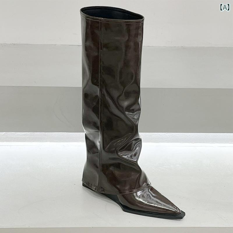 ロングブーツ レディース 羊革インソール マイクロファイバー ウェッジヒール 8cmヒールアップ 厚底 脚長効果 ポインテッドトゥ 膝下丈 細見え 乗馬風 カジュアル 通勤 オフィス 春秋