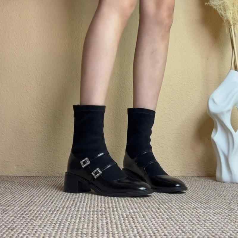 ソックスブーツ レディース 女性用 春秋 スクエアトゥ チャンキーヒール 太ヒール 本革 牛革 ショート..