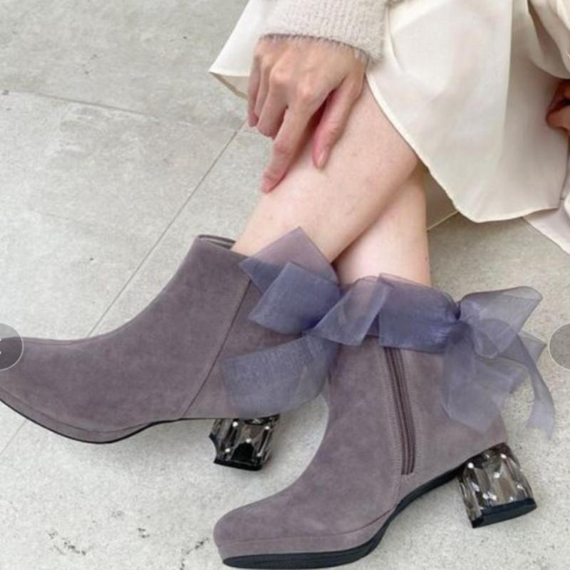 ショートブーツ レディース 女性用 秋冬 スタイル スエード調 5センチ 水晶ヒール 太ヒール 厚底 プラ..