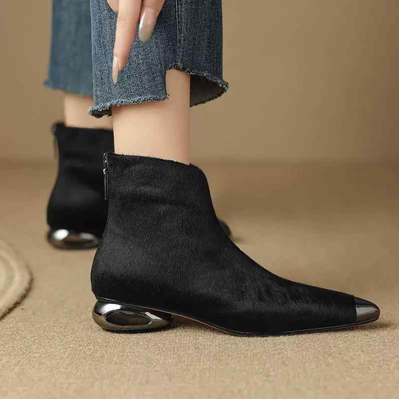 ブーツ レディース スエード 羊革裏地 フレンチ ポインテッドトゥ 太ヒール ショートブーツ Vカット バ..