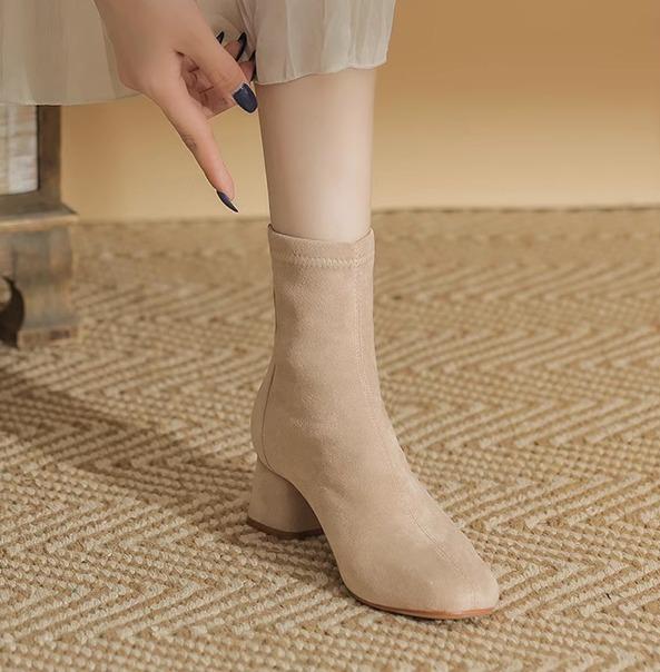 ショートブーツ レディース 秋冬 裏起毛 スエード スクエアトゥ 太ヒール ミドルヒール ストレッチ 痩..