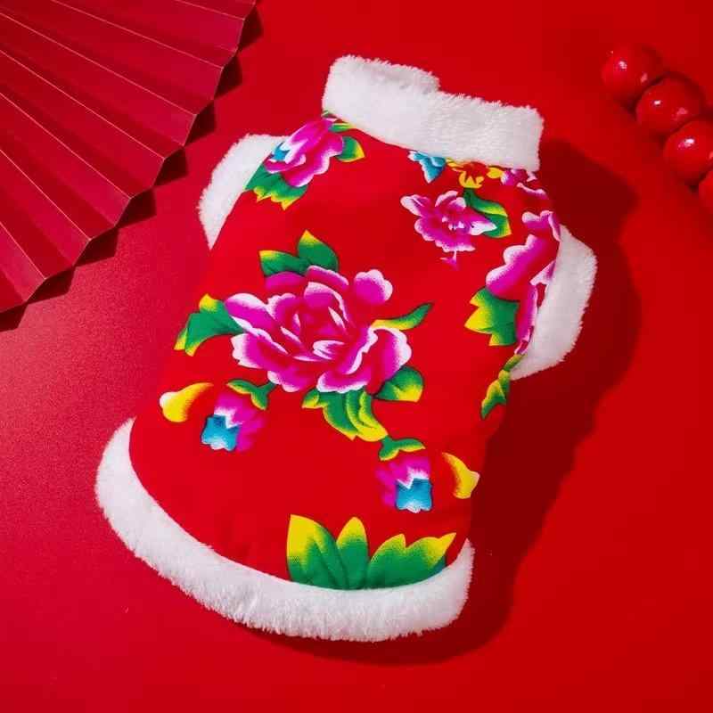 ペットウェア 犬猫用 東北大花柄 綿入れ 裏起毛 秋冬 あったか 防寒 チャイナ風 新年 コスチューム か..