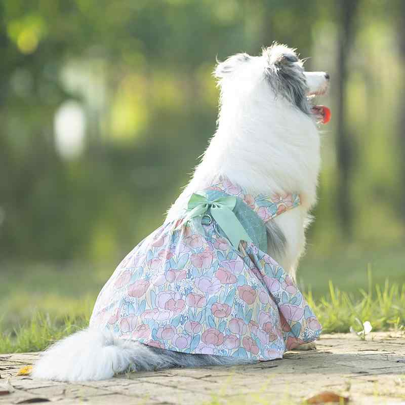 犬服 大型犬用 かわいい ガーリー ドッグウェア チューリップ柄 ハーネスワンピース シャツ サスペンダ..