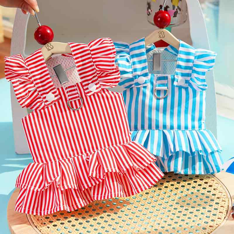 犬猫服 犬用 猫用 プリンセス風 ストライプ フリル袖 パフスリーブ リード穴付き サロペットスカート ワンピース かわいい おしゃれ お散歩 お出かけ 普段使い 赤 青