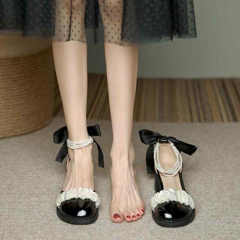 パンプス レディース 黒 メリージェーン ラウンドトゥ 太ヒール ミドルヒール パール エナメル PUレザー フレンチスタイル 上品 エレガント フェミニン 普段使い