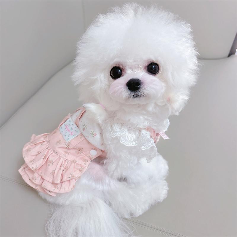 犬服 小型犬 猫用 秋冬 万能 小花柄 サスペンダー ティアード プリンセス ワンピース ビションフリーゼ..